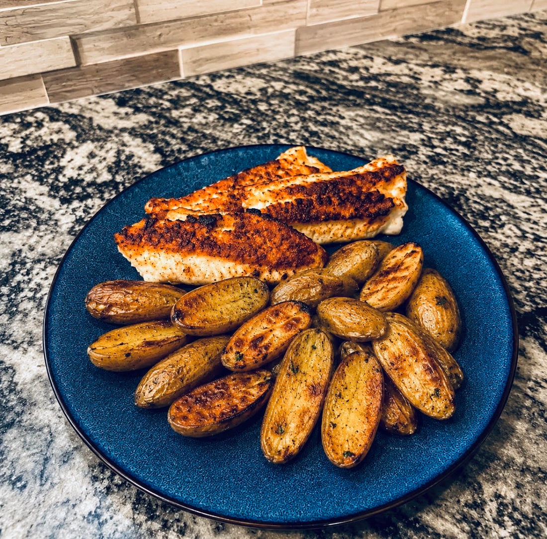 Pan-Fried Garlic Butter Lingcod with Crispy Spud Spice Fingerling Potatoes