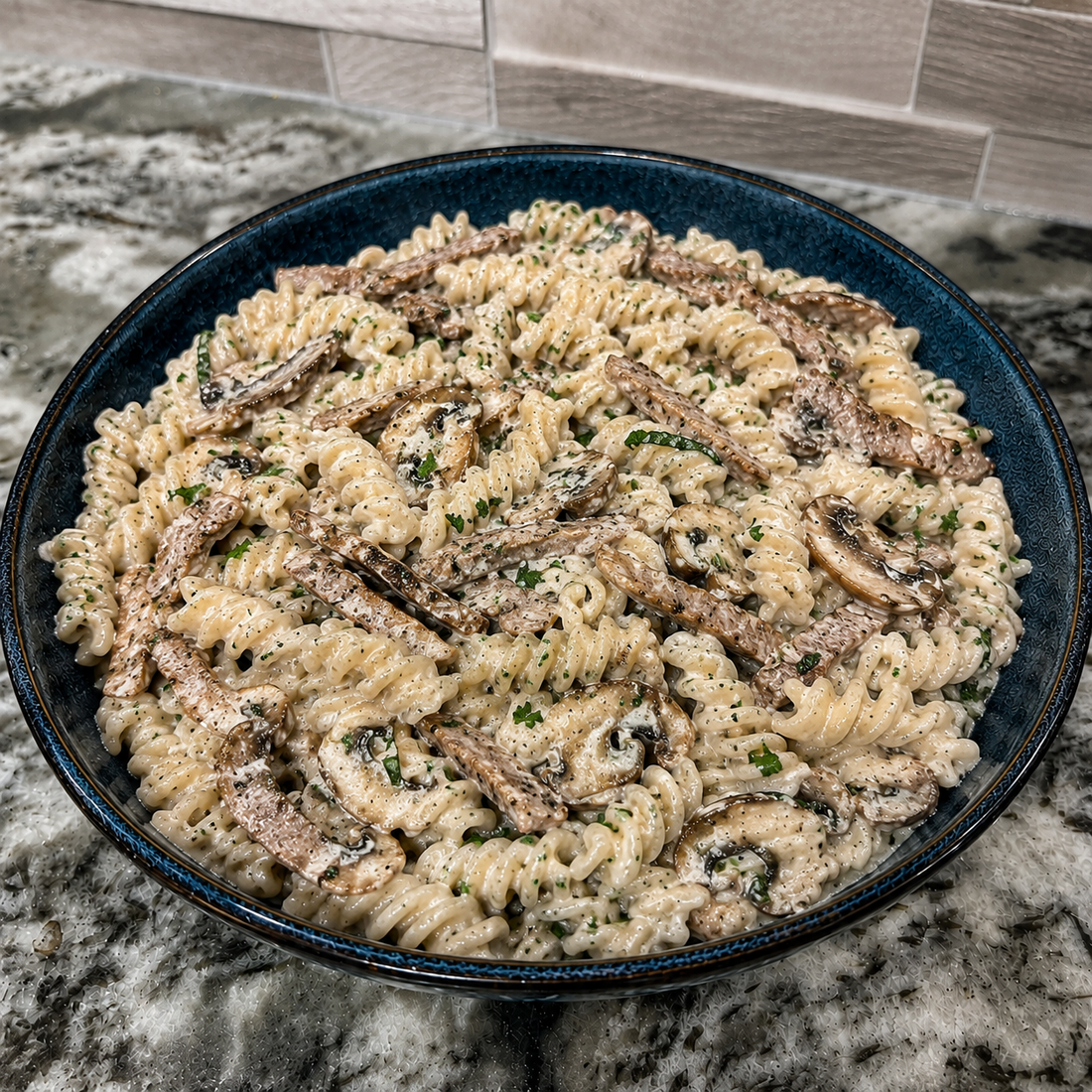 High Protein Steak and Mushroom Pasta with Cottage Cheese Sauce