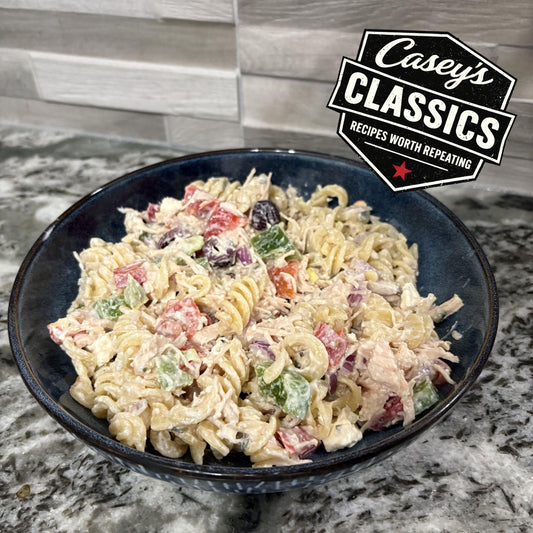 Greek Pasta Salad with Shredded Chicken