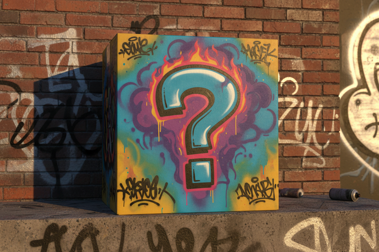 a box wiht a question mark on it graffiti style