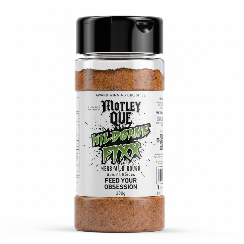 Wild Game Fixx spice jar with the new white label on a white background