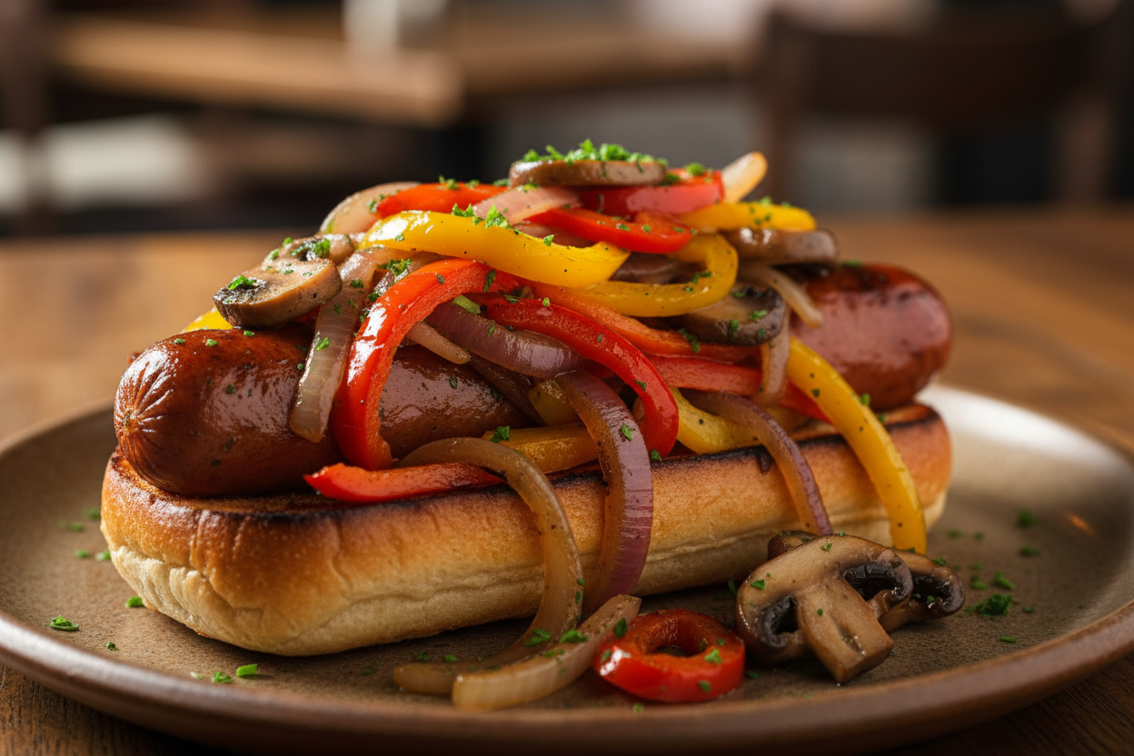 Make a plated hotlink on a bun with sauteed veggies all over it