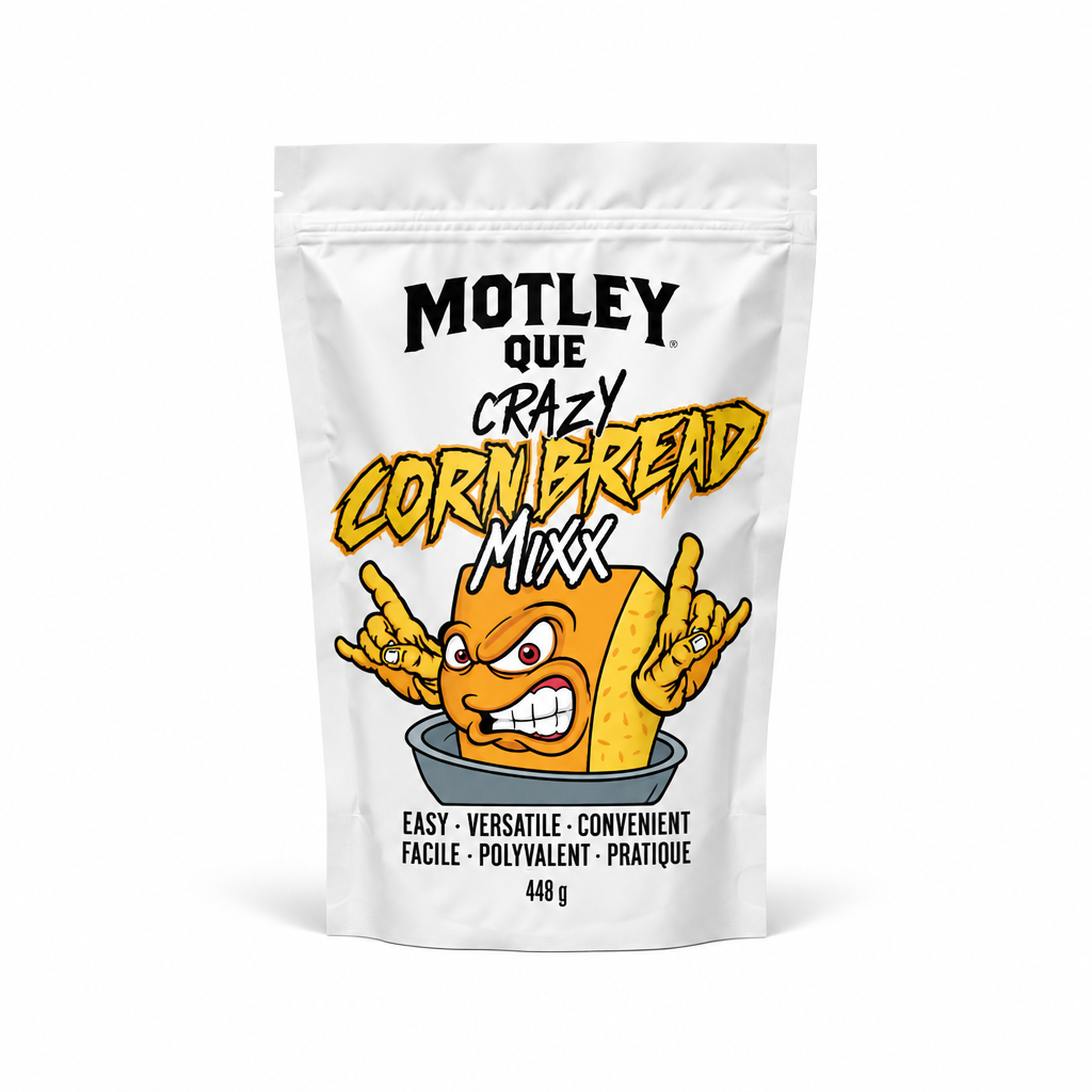 White Motley Que Crazy Cornbread Mixx pouch mockup